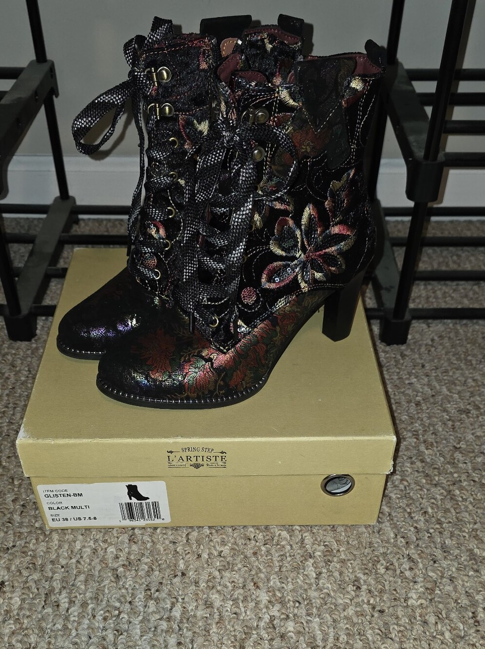 Spring Step L’Artiste Glisten Black Multi Floral Embroidered Heeled Boots